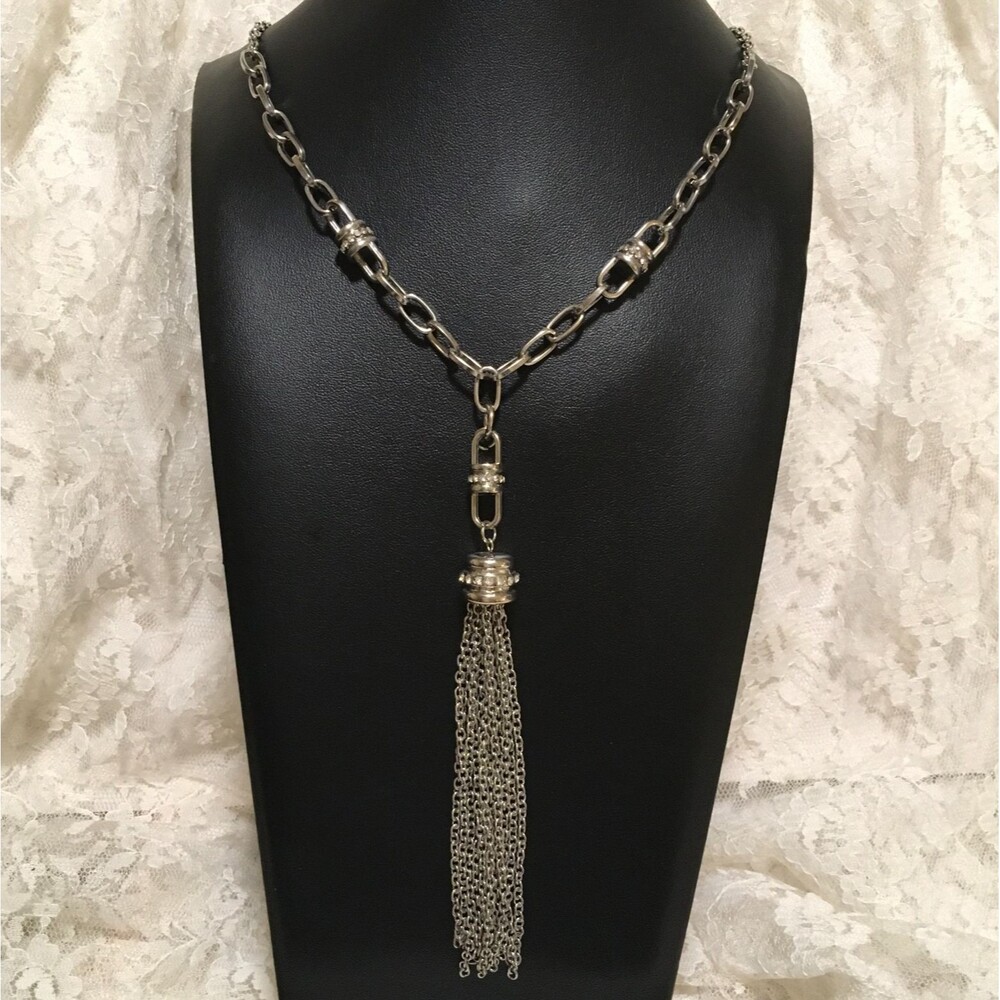 Vintage Tassel Lariat Chain Necklace Silver Tone Rhinestones 2000s signed NY